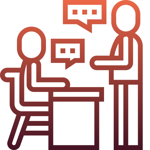 Icono asesoramiento financiero. Aparecen dos monigotes, uno de pie y otro sentado, manteniendo una conversación.